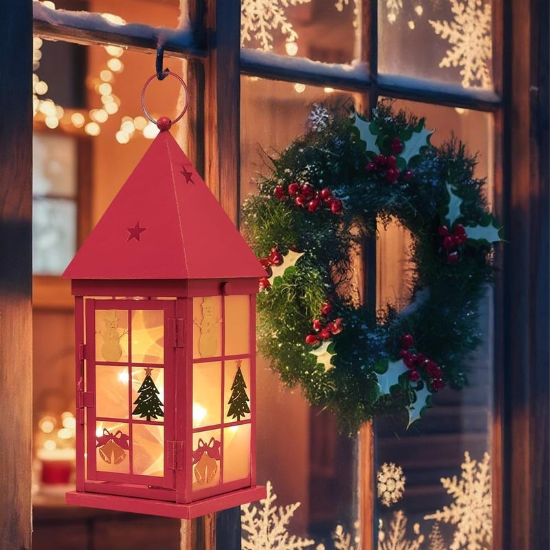 NEEDOMO Christmas Decorations for Home, 15'' Decorative Christmas Lantern Indoor Outdoor Decor, Metal Hanging Candle Holder with Xmas Snowman Bells and LED String for Table Centerpieces, Patio (Red) - Image 4